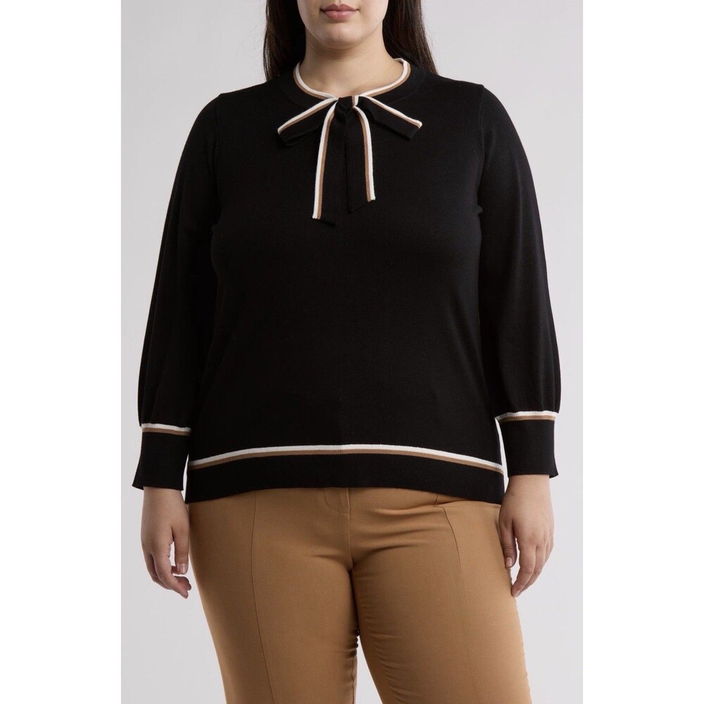 NEW! Womens Adrianna Papell Bow Tie Neck Sweater Top Black White Tan 1X
